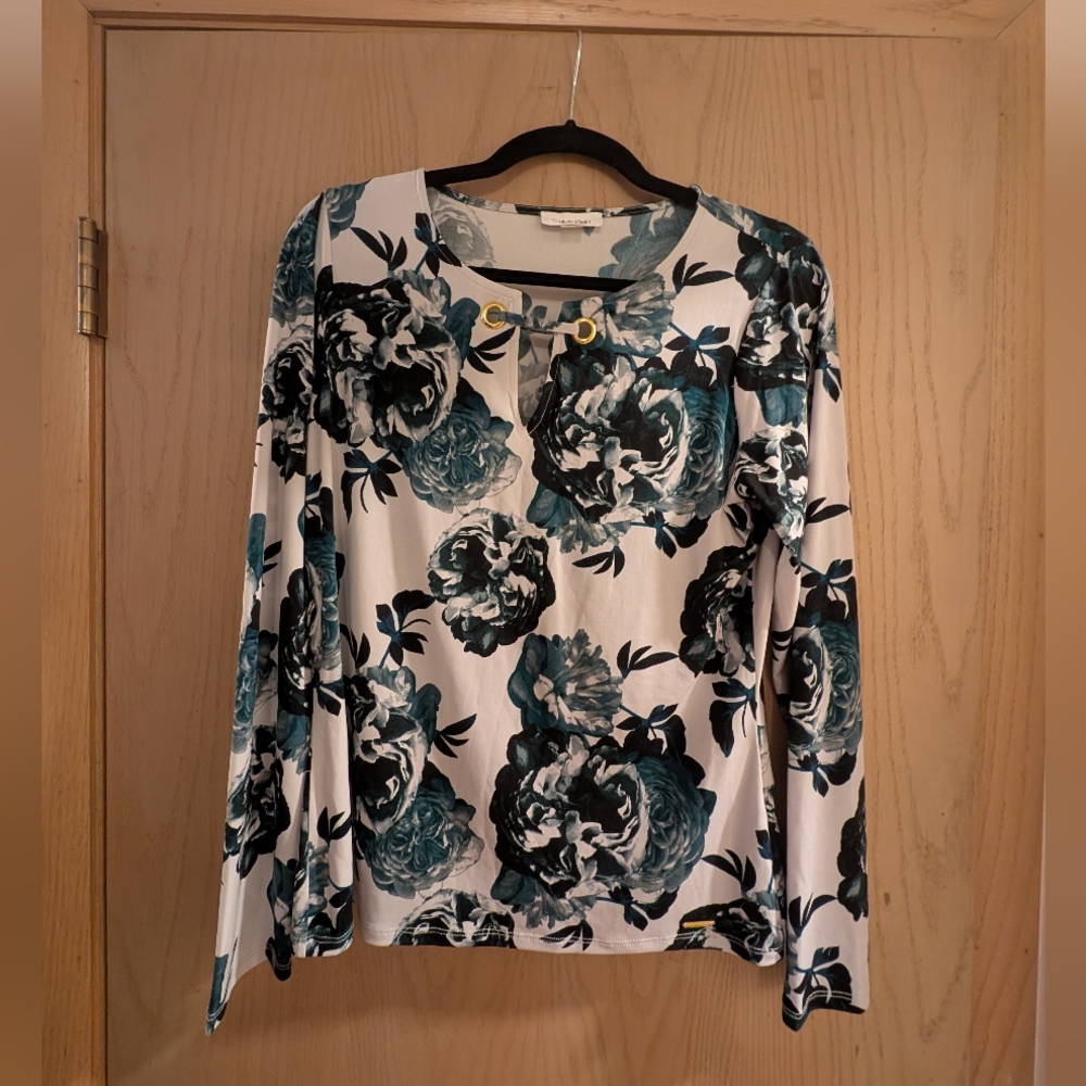 Calvin Klein Floral Long Sleeve Top in Teal, Black & Gray